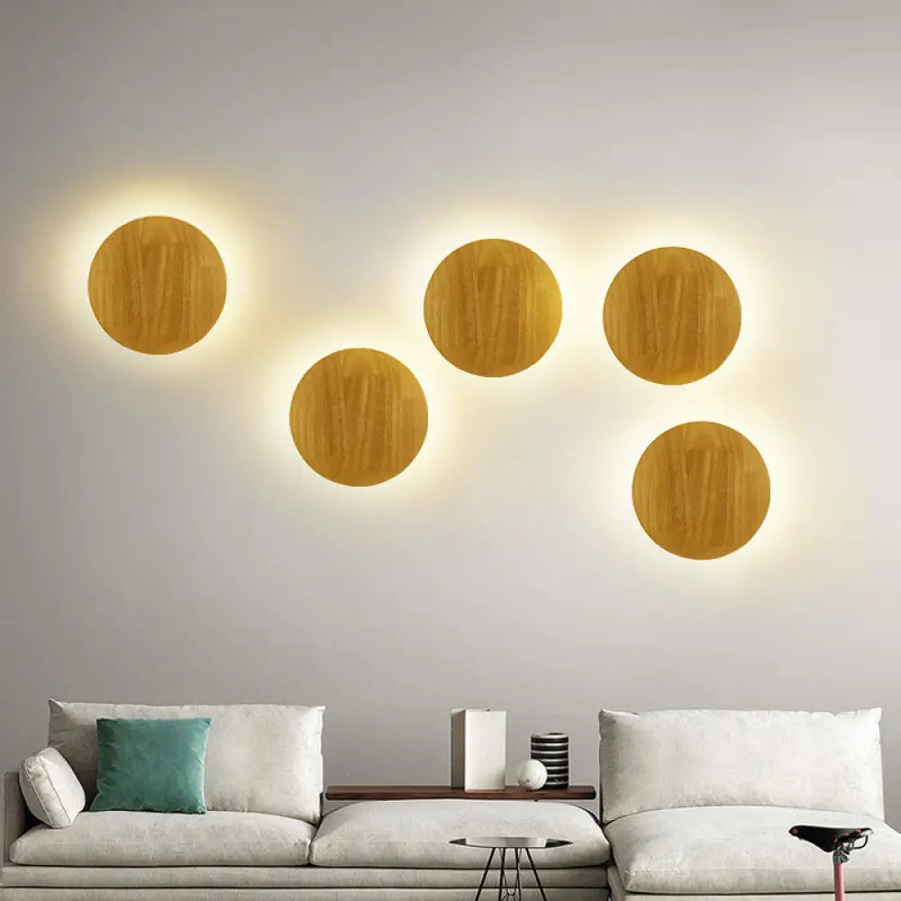 Modern Led Wood Wall Sconce In Beige - Stylish Geometric Living Room Light Fixture / 7.5 Round