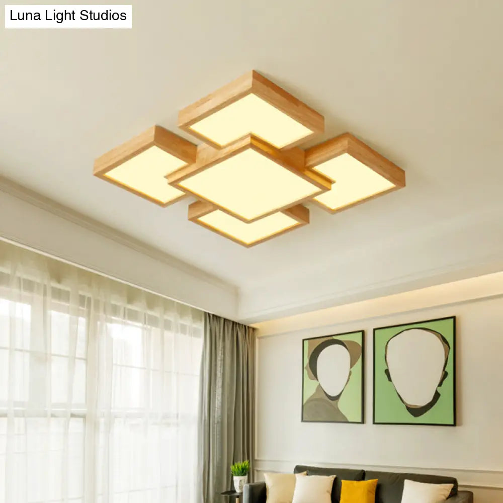 Modern Led Wooden Ceiling Mounted Lamp - Beige Square/Rectangle Flush Light 22/31.5/42 Wide