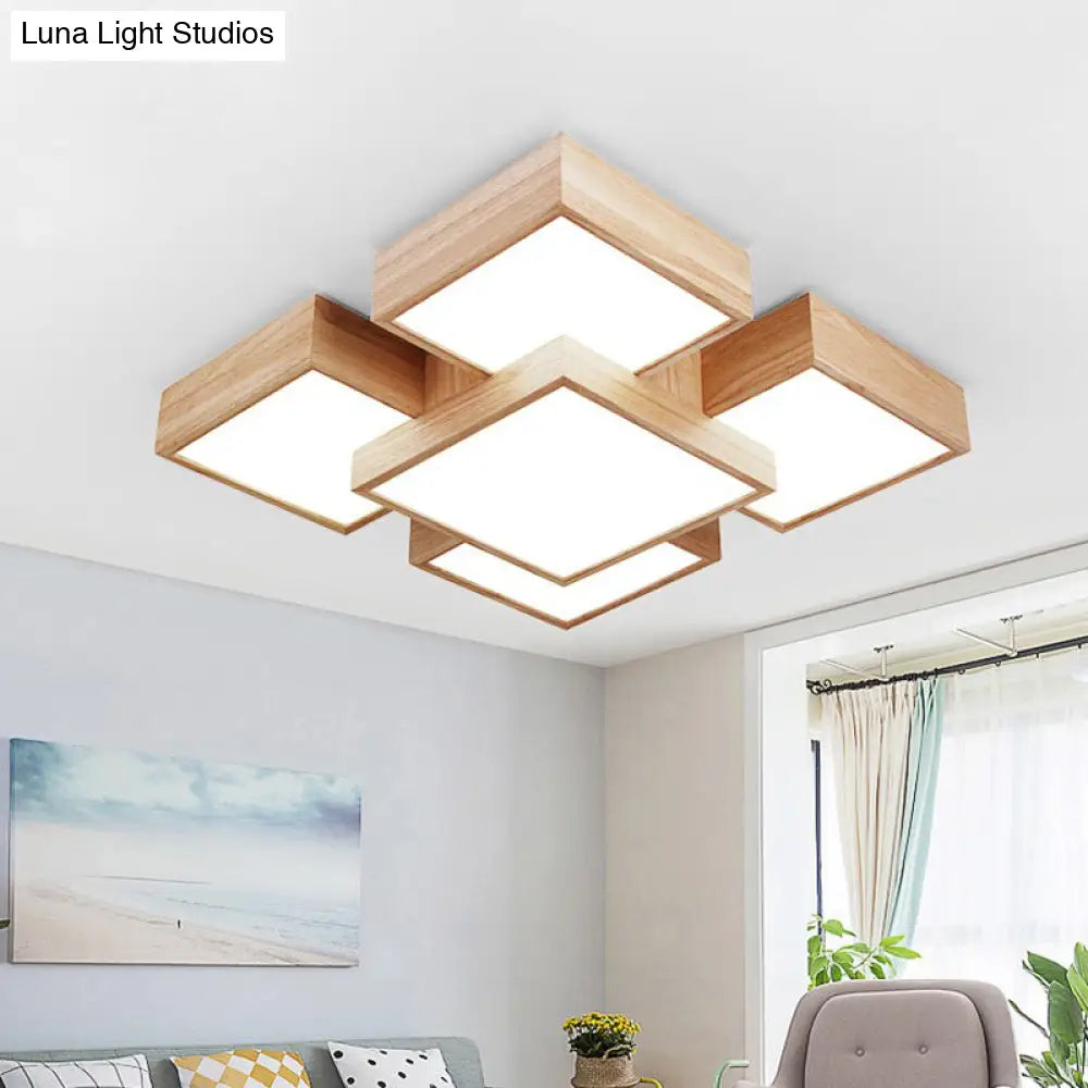 Modern Led Wooden Ceiling Mounted Lamp - Beige Square/Rectangle Flush Light 22/31.5/42 Wide