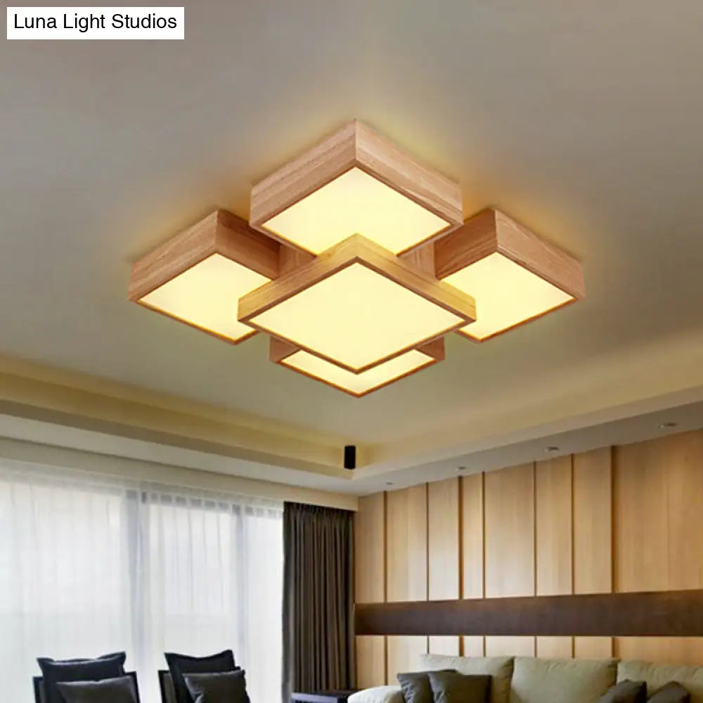 Modern Led Wooden Ceiling Mounted Lamp - Beige Square/Rectangle Flush Light 22/31.5/42 Wide