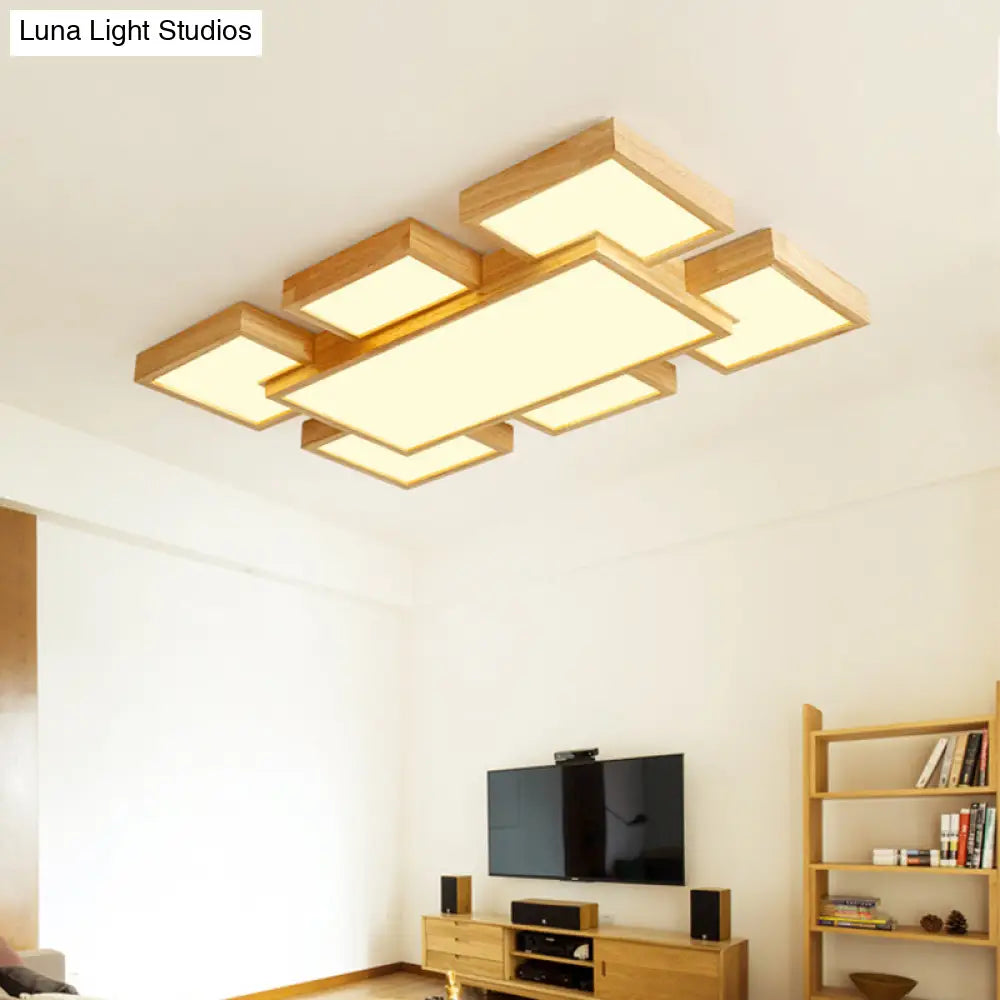 Modern Led Wooden Ceiling Mounted Lamp - Beige Square/Rectangle Flush Light 22/31.5/42 Wide