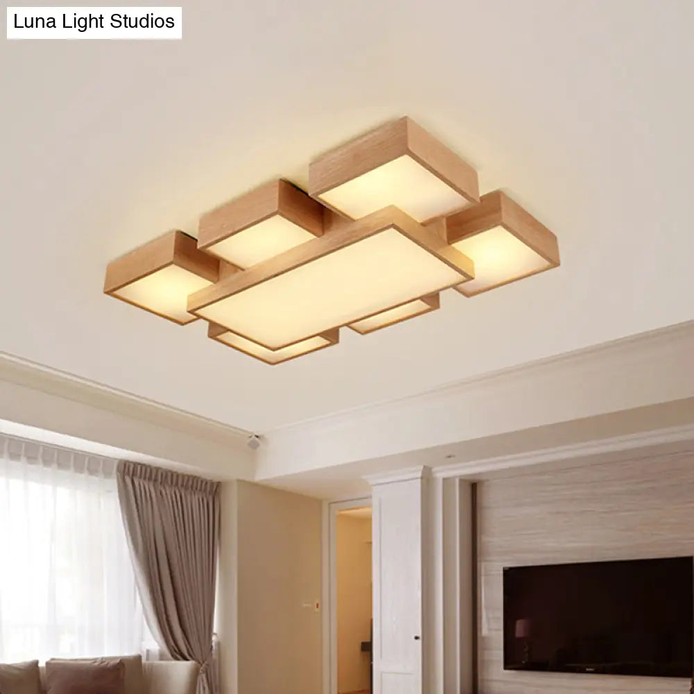 Modern Led Wooden Ceiling Mounted Lamp - Beige Square/Rectangle Flush Light 22/31.5/42 Wide