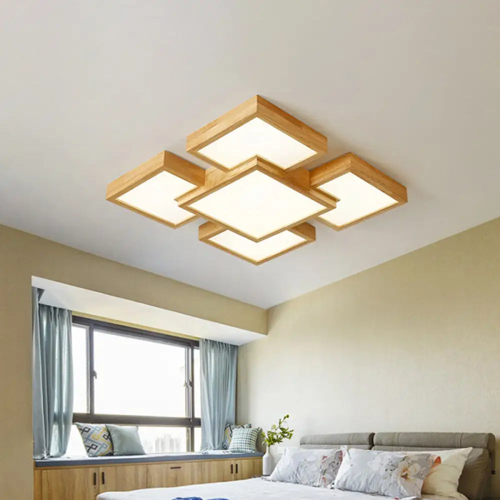 Modern Led Wooden Ceiling Mounted Lamp - Beige Square/Rectangle Flush Light 22/31.5/42 Wide Wood /