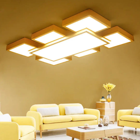 Modern Led Wooden Ceiling Mounted Lamp - Beige Square/Rectangle Flush Light 22/31.5/42 Wide Wood /