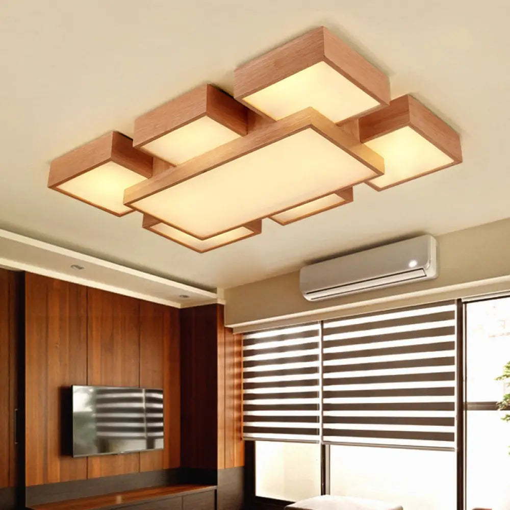 Modern Led Wooden Ceiling Mounted Lamp - Beige Square/Rectangle Flush Light 22/31.5/42 Wide Wood /