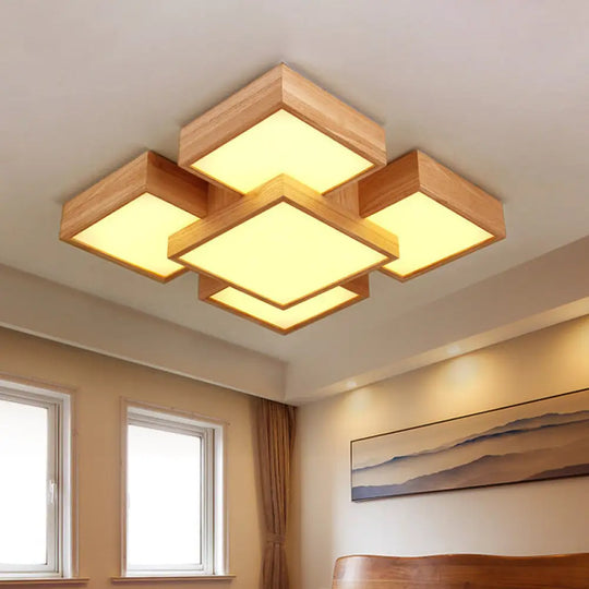 Modern Led Wooden Ceiling Mounted Lamp - Beige Square/Rectangle Flush Light 22/31.5/42 Wide Wood /