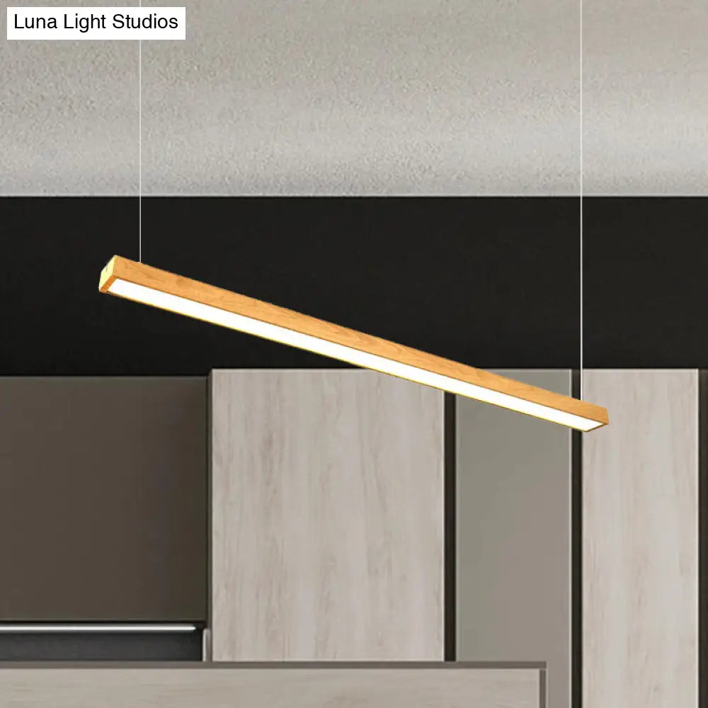 Wooden Shade Led Office Pendant Lighting - Sleek Rectangular Linear Design In Minimal Dark