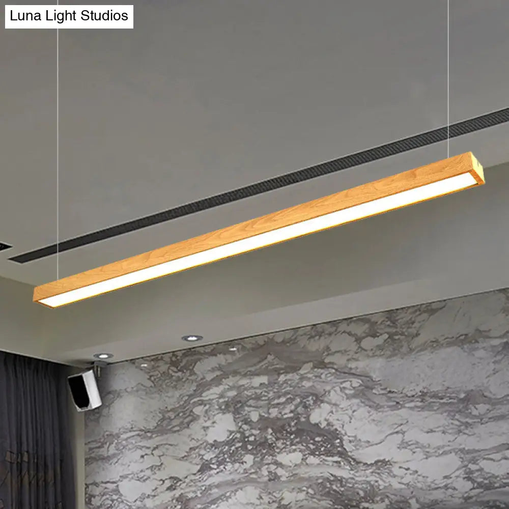 Wooden Shade Led Office Pendant Lighting - Sleek Rectangular Linear Design In Minimal Dark