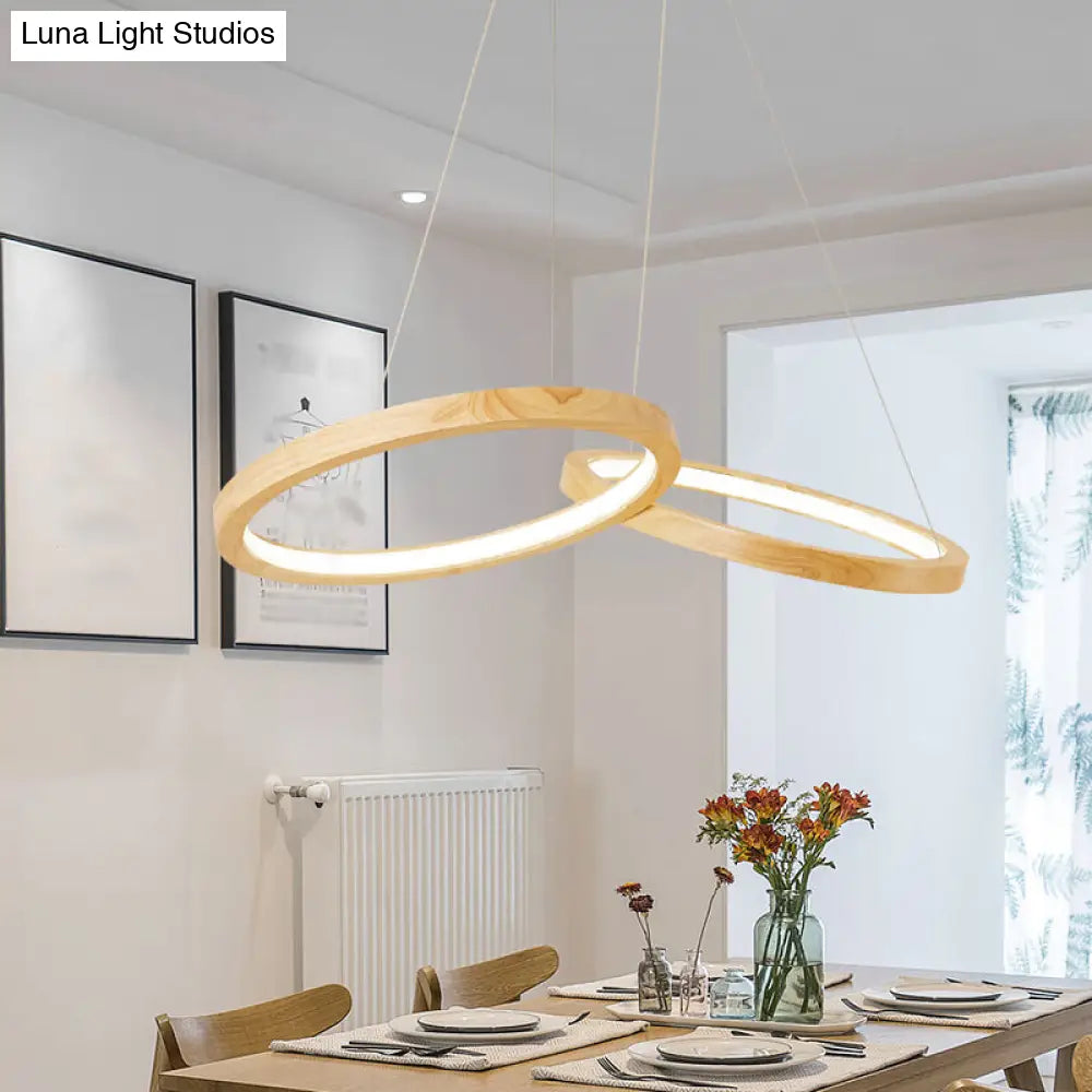 Modern Led Wooden Ring Chandelier Light - Beige For Dining Room