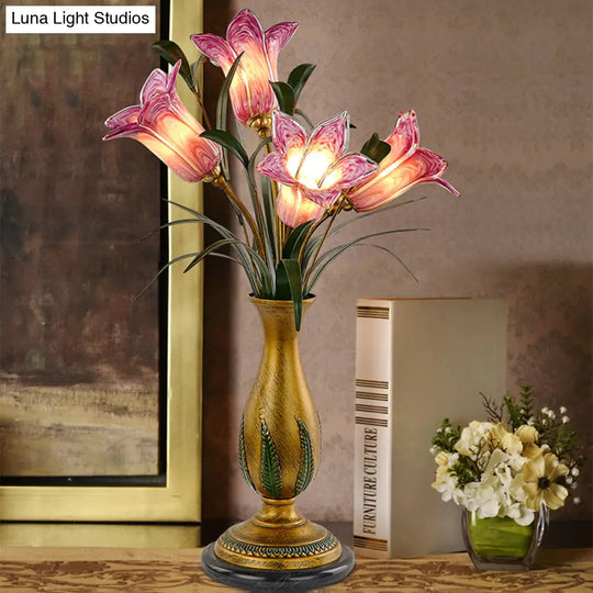 Modern Lily Glass Nightstand Light - American Garden Theme Purple/White Finish 4 Bulbs