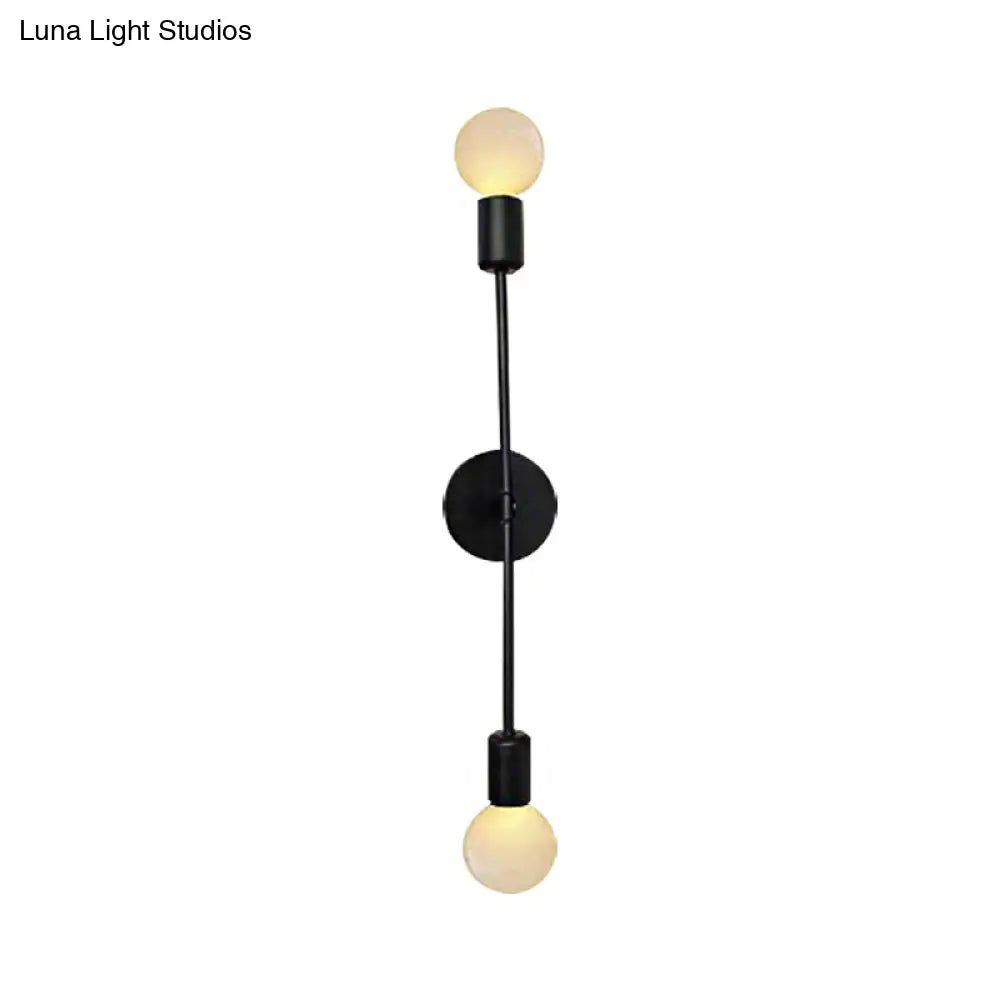 Modern Linear Metal Wall Sconce Light With Open Bulb - 2 Lights Loft Style Balcony Lamp Black