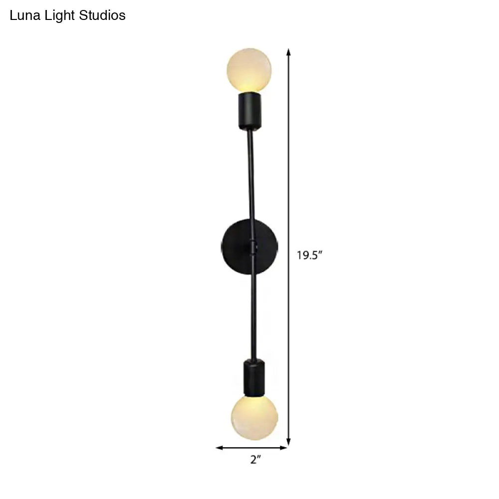 Modern Linear Metal Wall Sconce Light With Open Bulb - 2 Lights Loft Style Balcony Lamp Black