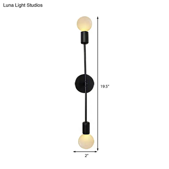 Modern Linear Metal Wall Sconce Light With Open Bulb - 2 Lights Loft Style Balcony Lamp Black