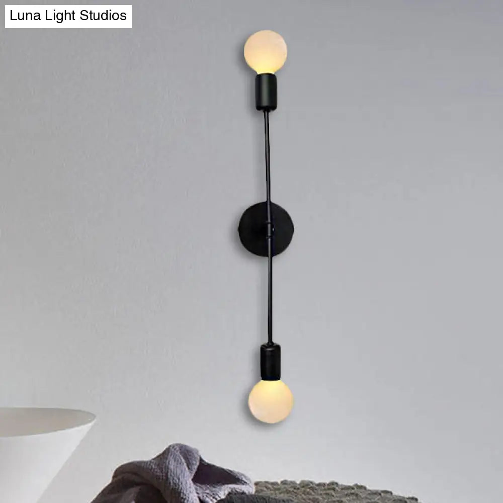 Modern Linear Metal Wall Sconce Light With Open Bulb - 2 Lights Loft Style Balcony Lamp Black