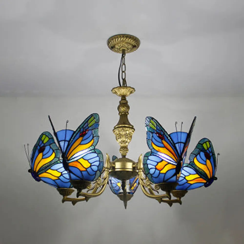 Modern Loft Style Adjustable Chain Stained Glass Butterfly Ceiling Light In Multicolor Blue