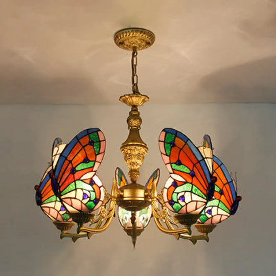 Modern Loft Style Adjustable Chain Stained Glass Butterfly Ceiling Light In Multicolor Orange-Green