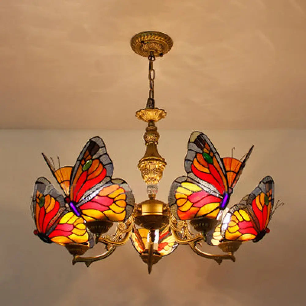 Modern Loft Style Adjustable Chain Stained Glass Butterfly Ceiling Light In Multicolor Red