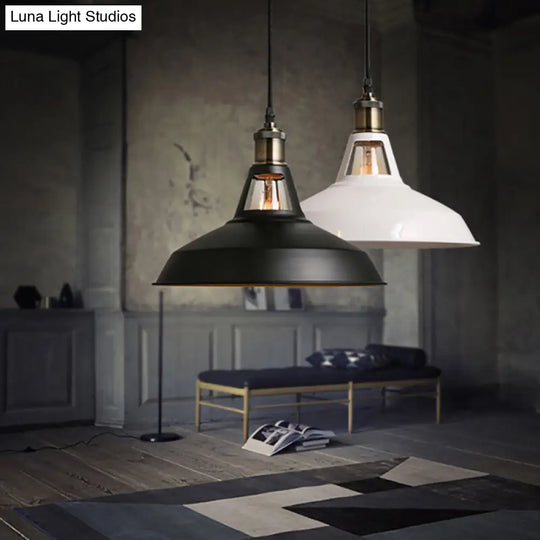 Industrial Loft Barn Pendant Ceiling Light - 1 Bulb Metallic Hanging Lamp In Black/White Choose Size