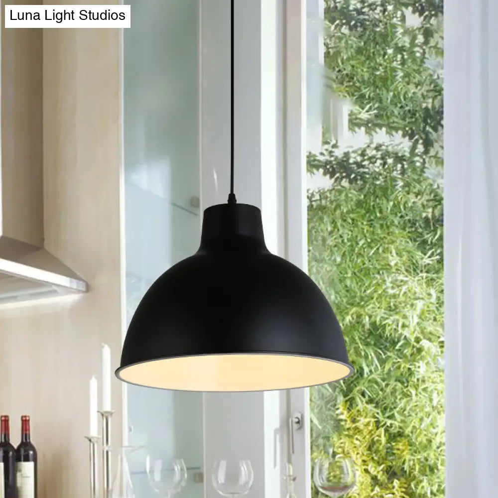 Loft Style Dome Ceiling Light - 12/14 Dia Metal Hanging Lamp Adjustable Cord Black/White Black / 12
