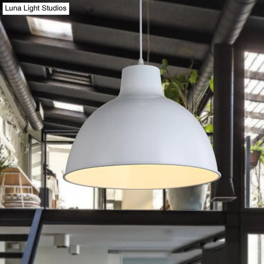 Loft Style Dome Ceiling Light - 12/14 Dia Metal Hanging Lamp Adjustable Cord Black/White White / 12