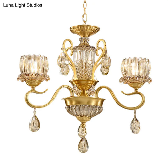 Modern Lotus Beveled Glass Crystal Chandelier With Gold Finish And 3-Bulb Suspension