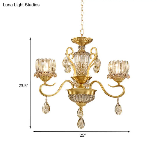 Modern Lotus Beveled Glass Crystal Chandelier With Gold Finish And 3-Bulb Suspension