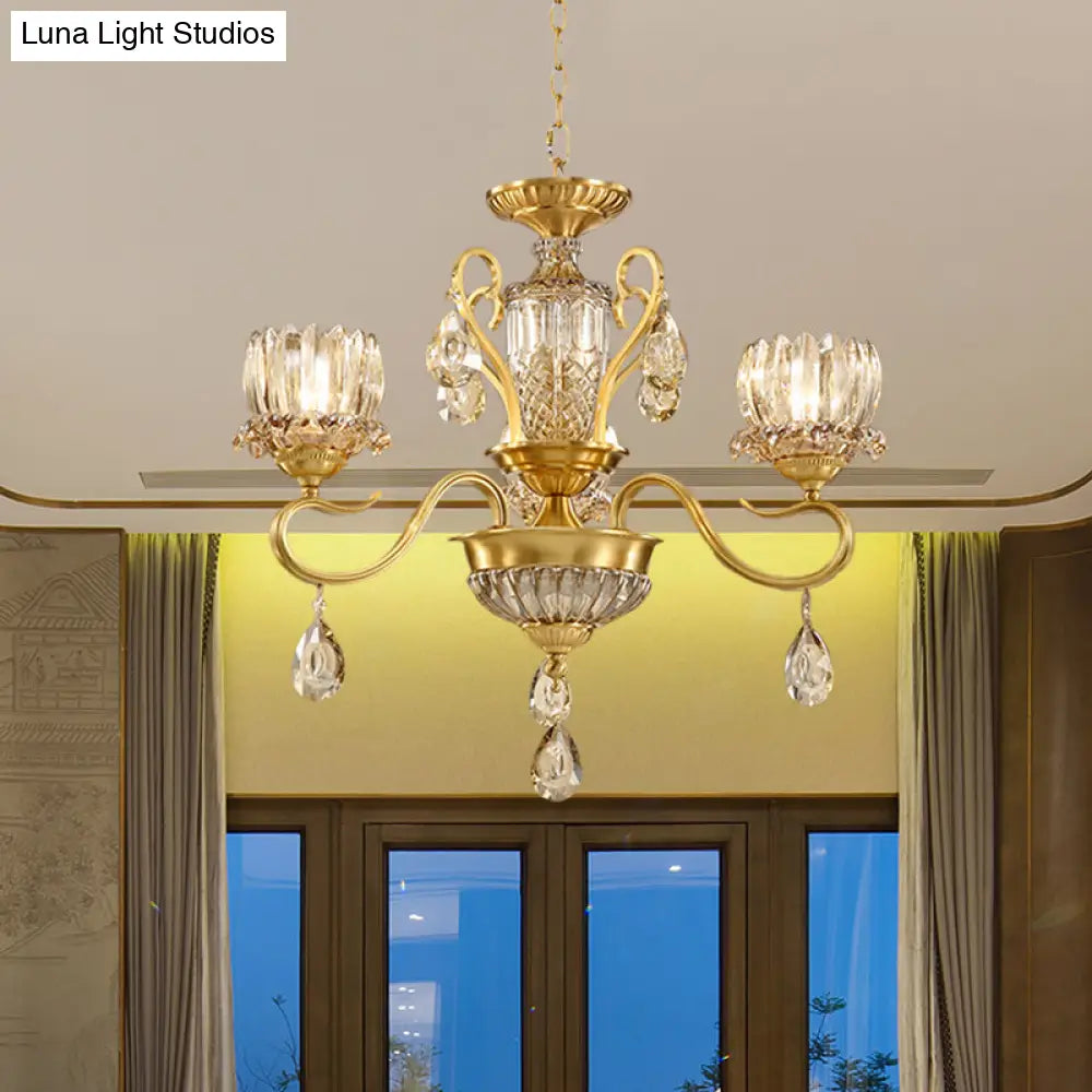 Modern Lotus Beveled Glass Crystal Chandelier With Gold Finish And 3-Bulb Suspension