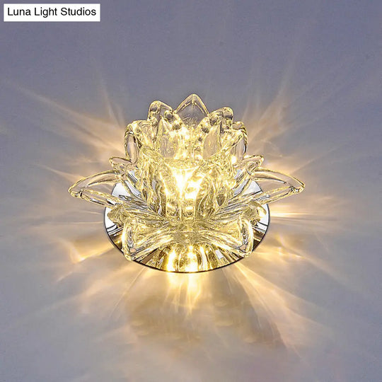 Modern Lotus Blossom Led Flush Mount Ceiling Light With Clear Crystal Accent - Ideal For Hallway And