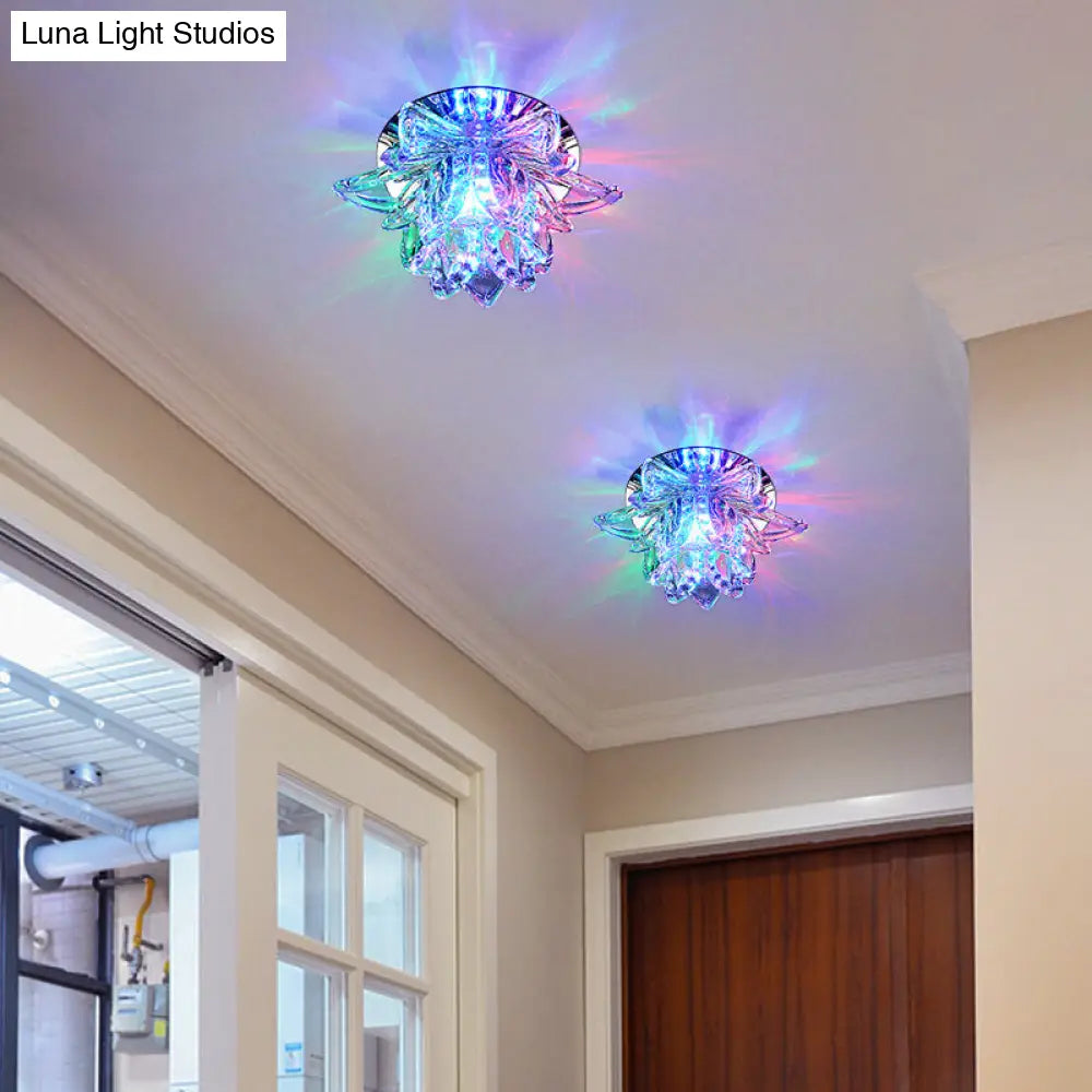 Modern Lotus Blossom Led Flush Mount Ceiling Light With Clear Crystal Accent - Ideal For Hallway And