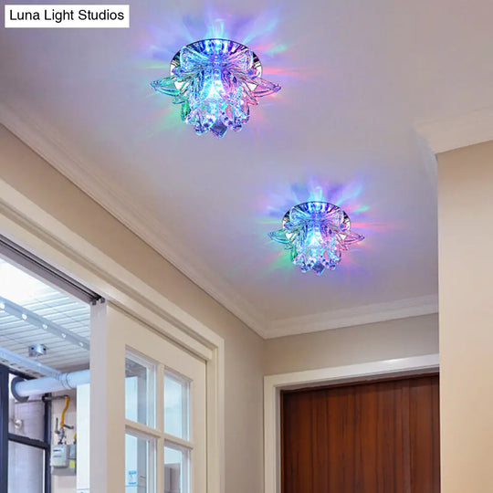 Modern Lotus Blossom Led Flush Mount Ceiling Light With Clear Crystal Accent - Ideal For Hallway And