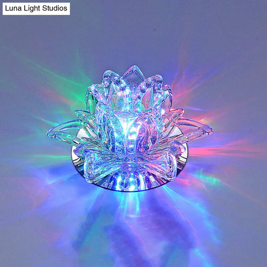 Modern Lotus Blossom Led Flush Mount Ceiling Light With Clear Crystal Accent - Ideal For Hallway And