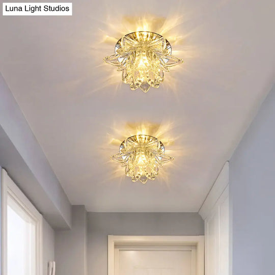 Modern Lotus Blossom Led Flush Mount Ceiling Light With Clear Crystal Accent - Ideal For Hallway And