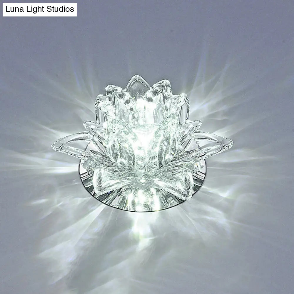 Modern Lotus Blossom Led Flush Mount Ceiling Light With Clear Crystal Accent - Ideal For Hallway And