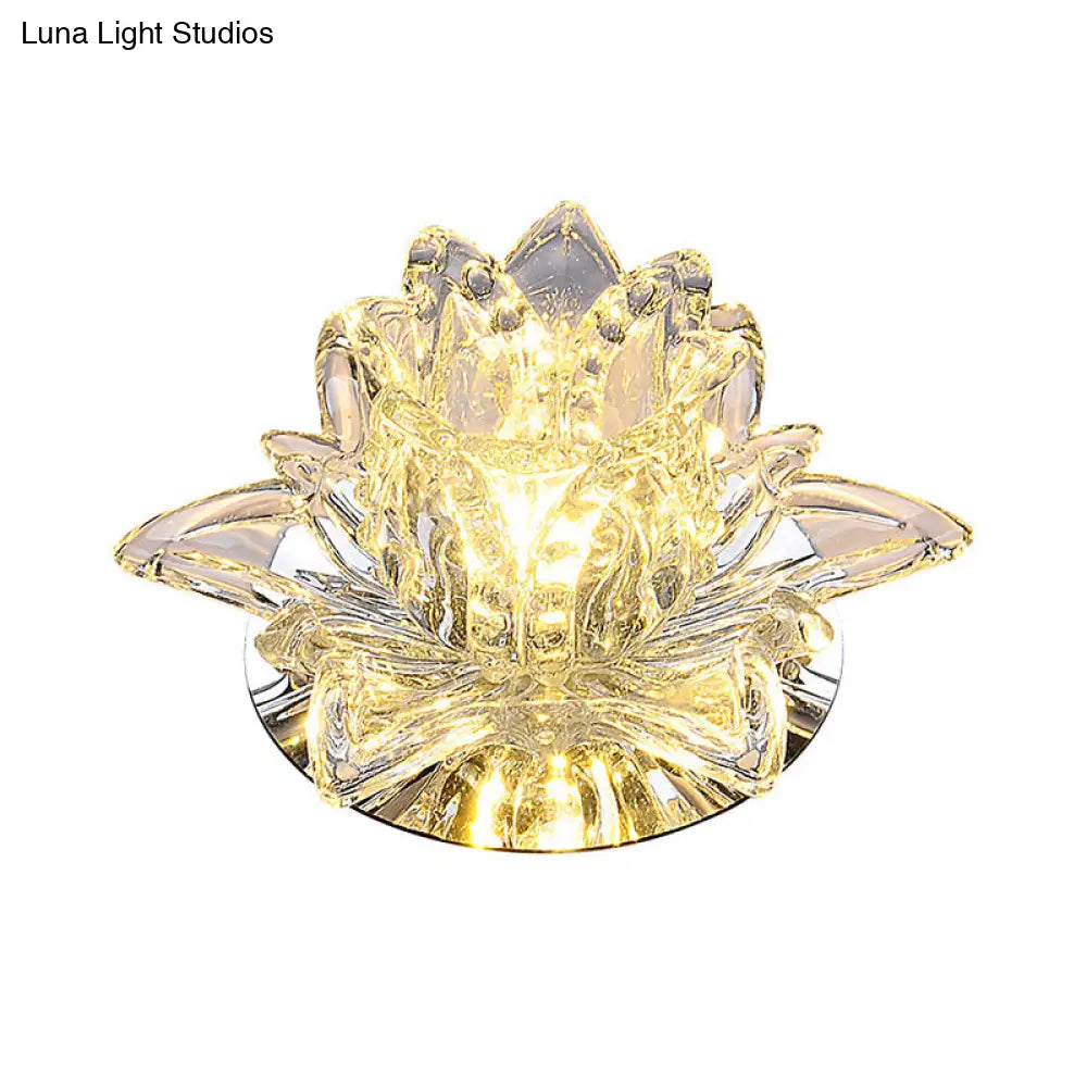 Modern Lotus Blossom Led Flush Mount Ceiling Light With Clear Crystal Accent - Ideal For Hallway And