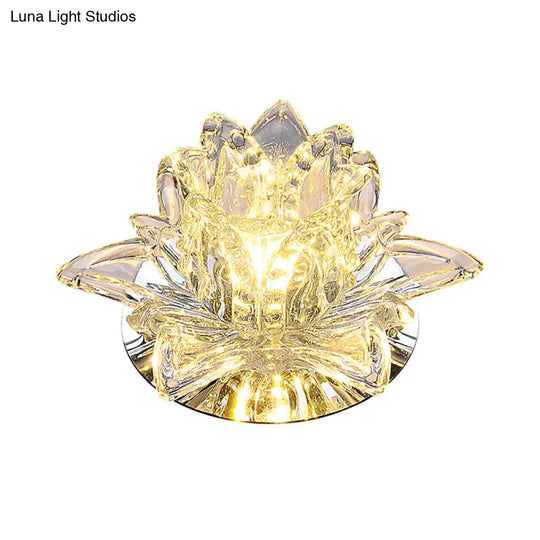 Modern Lotus Blossom Led Flush Mount Ceiling Light With Clear Crystal Accent - Ideal For Hallway And