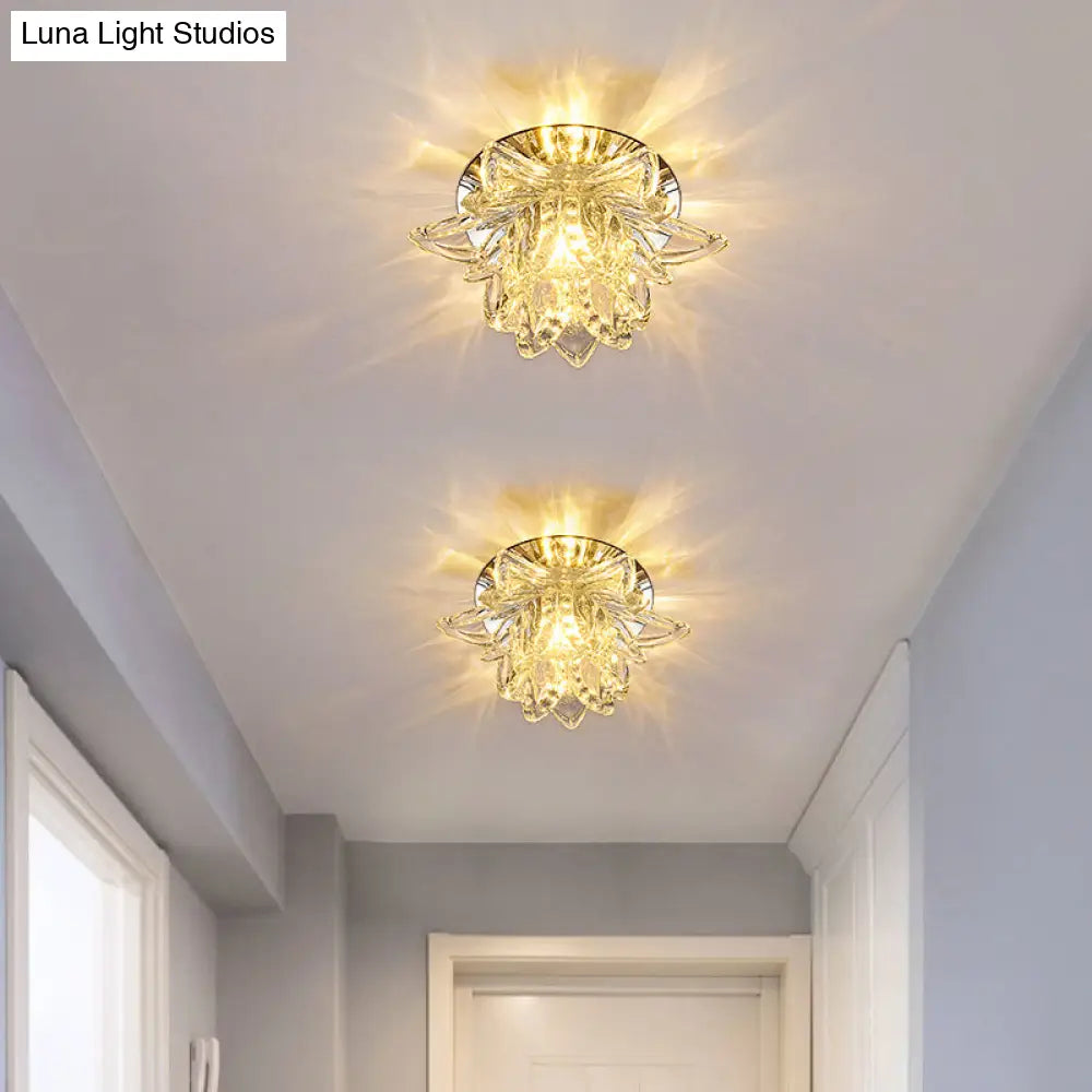 Modern Lotus Blossom Led Flush Mount Ceiling Light With Clear Crystal Accent - Ideal For Hallway