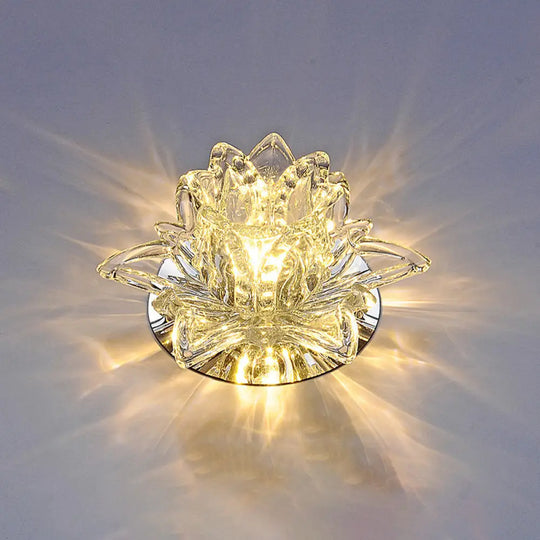 Modern Lotus Blossom Led Flush Mount Ceiling Light With Clear Crystal Accent - Ideal For Hallway