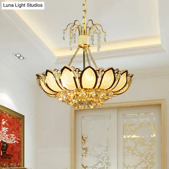 Modern Lotus Crystal Ceiling Light - 6-Light Gold Dining Room Hanging Fixture