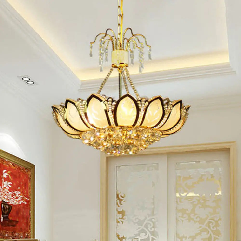 Modern Lotus Crystal Ceiling Light With 6 Lights In Gold - Ideal For Dining Rooms