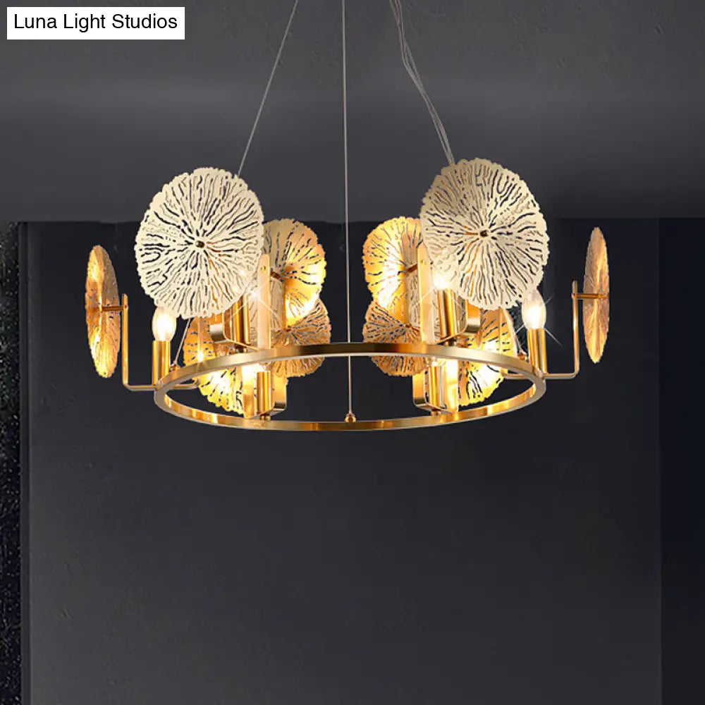 Modern Lotus Leaf Chandelier - Metal 6-Light Brass Hanging Light With Ring Design For Living Room