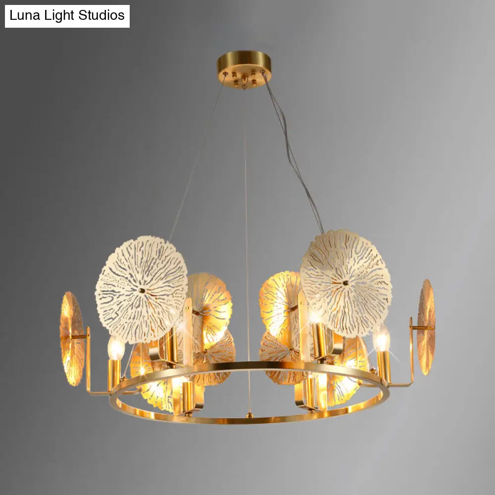 Modern Lotus Leaf Chandelier - Metal 6-Light Brass Hanging Light With Ring Design For Living Room