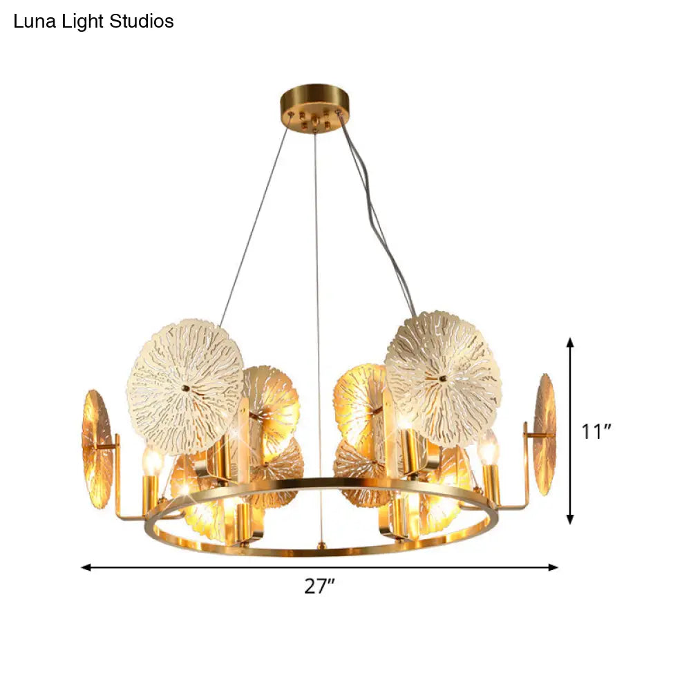 Modern Lotus Leaf Chandelier - Metal 6-Light Brass Hanging Light With Ring Design For Living Room