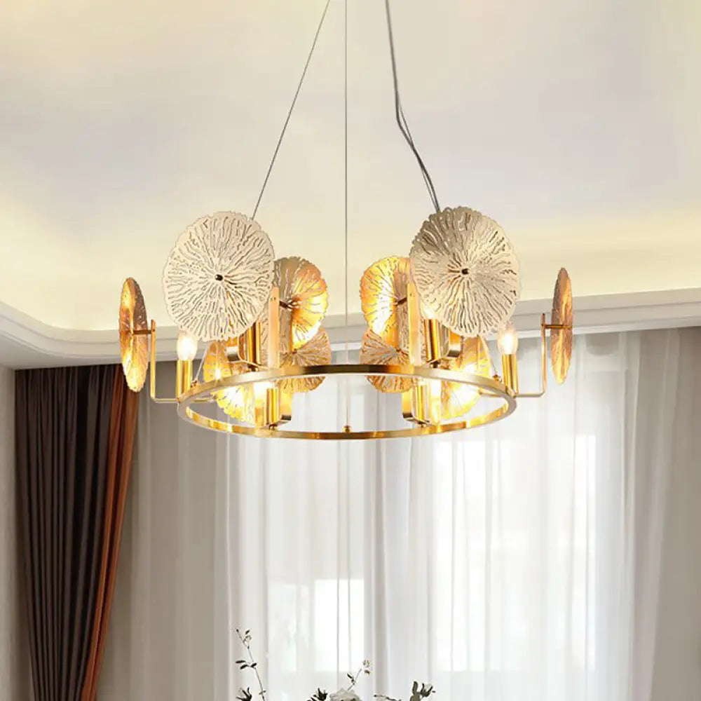 Modern Lotus Leaf Chandelier - Metal 6-Light Brass Hanging Light With Ring Design For Living Room