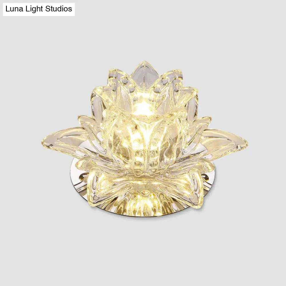 Modern Lotus-Shaped Entryway Led Crystal Flush Mount Ceiling Light In Clear