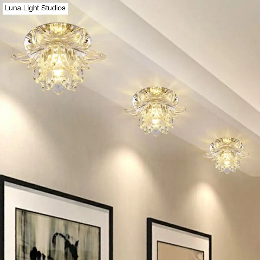 Modern Lotus-Shaped Entryway Led Crystal Flush Mount Ceiling Light In Clear / Warm