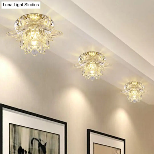 Modern Lotus-Shaped Entryway Led Crystal Flush Mount Ceiling Light In Clear / Warm