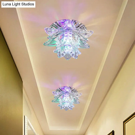 Modern Lotus-Shaped Entryway Led Crystal Flush Mount Ceiling Light In Clear / Multi Color