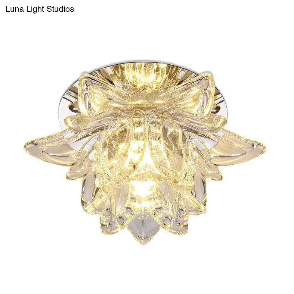 Modern Lotus-Shaped Entryway Led Crystal Flush Mount Ceiling Light In Clear / White