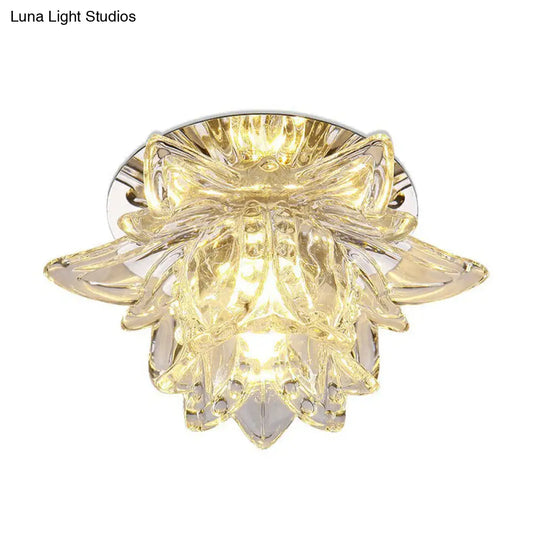 Modern Lotus-Shaped Entryway Led Crystal Flush Mount Ceiling Light In Clear / White