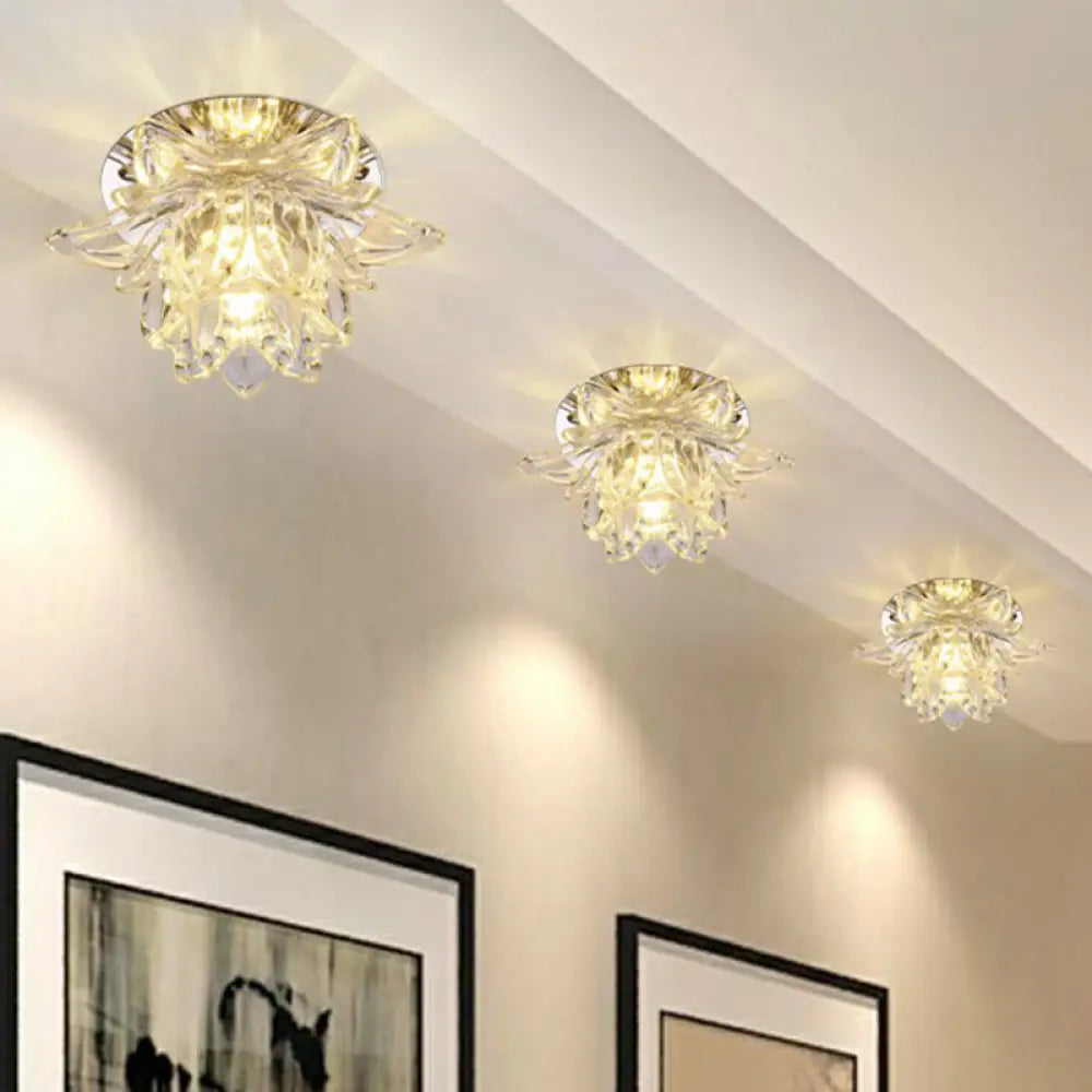 Modern Lotus - Shaped Entryway Led Crystal Flush Mount Ceiling Light In Clear / Warm